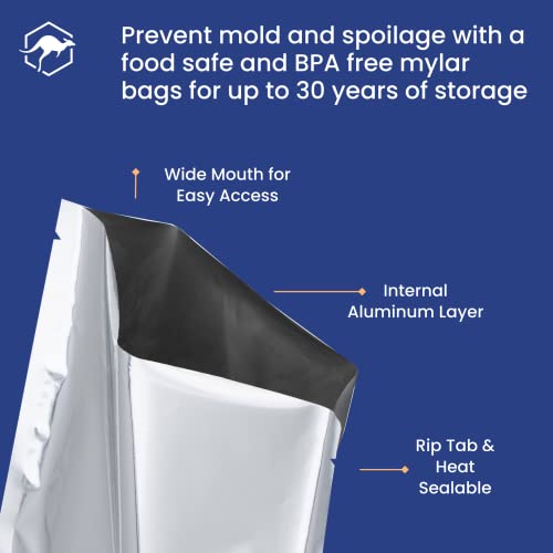 Wallaby 50 Count 1-Gallon Mylar Bags with Labels, 10 Mil Total Thickness Long-Term Food Storage Pouches, 10x14 Heat-Sealable Airtight Packaging - Silver - Image 4