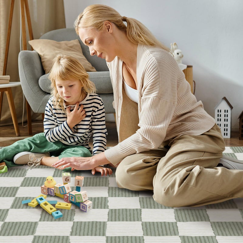moonysweet Sage Green Washable Area Rug 3' Ã—5' Checkered Large Living Room Rug Geometry Neutral Line Non-Slip Soft Bedroom Carpet Dining Room Nursery Home Office Indoor Decor - Image 2