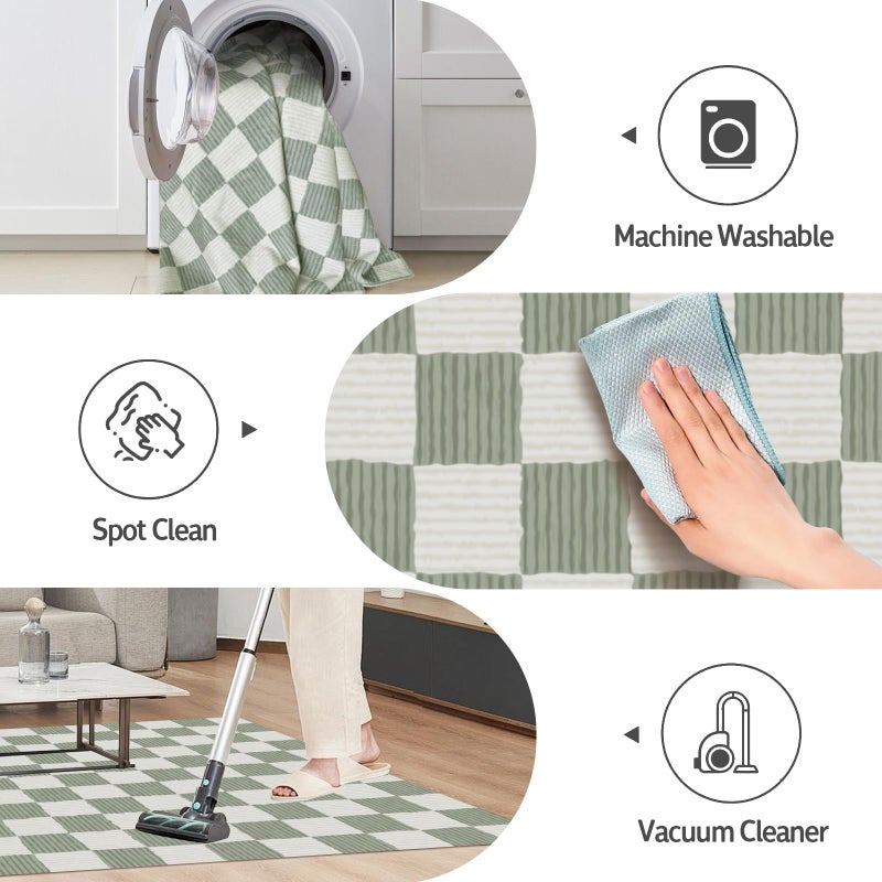 moonysweet Sage Green Washable Area Rug 3' Ã—5' Checkered Large Living Room Rug Geometry Neutral Line Non-Slip Soft Bedroom Carpet Dining Room Nursery Home Office Indoor Decor - Image 4