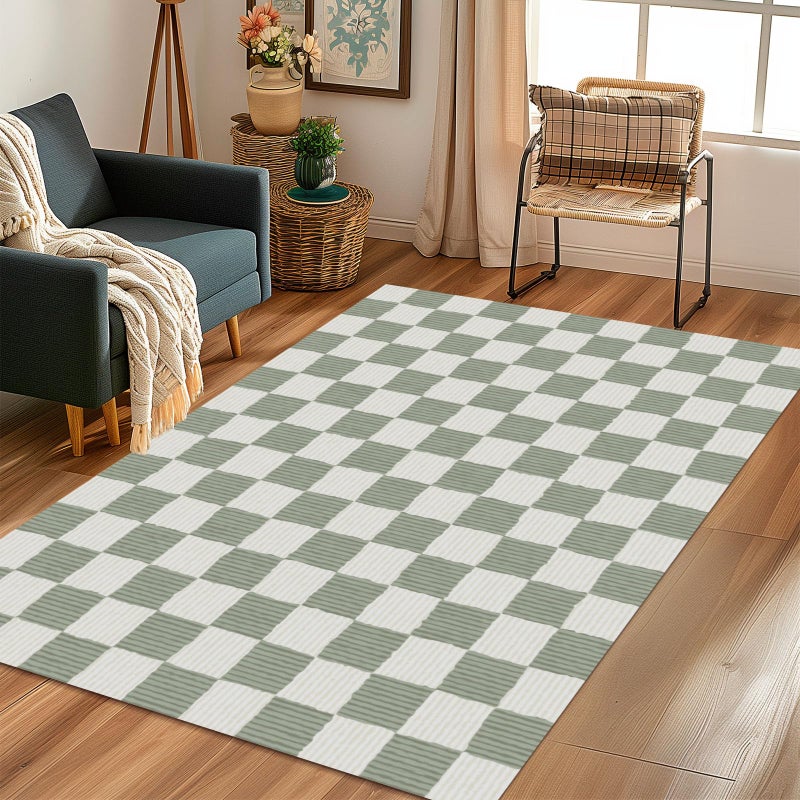 moonysweet Sage Green Washable Area Rug 3' Ã—5' Checkered Large Living Room Rug Geometry Neutral Line Non-Slip Soft Bedroom Carpet Dining Room Nursery Home Office Indoor Decor - Image 5