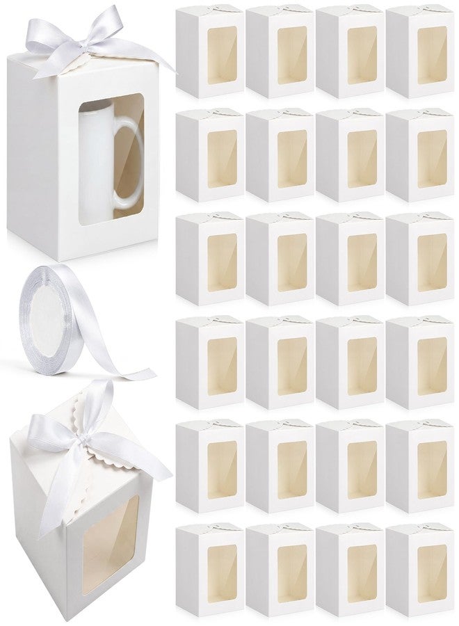 Kolldenn 24 Pcs Mug Gifts Boxes with Ribbon, Sublimation Mugs Packaging Box with Window for 11oz, 12oz, 15oz Ceramic Coffee Cups Mugs Boxes Wrapping Birthdays Wedding (White - Image 1