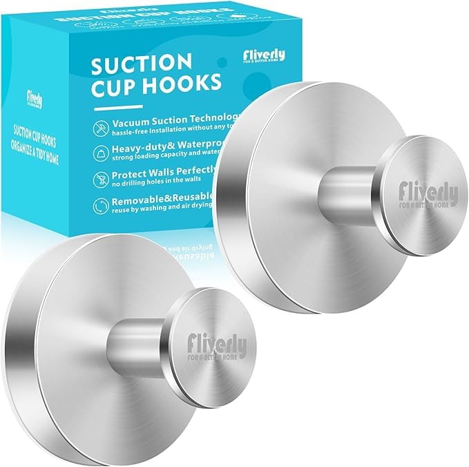 Fliverly 2pcs Suction Cup Hooks for Shower,Inside Shower,Wall,Bathroom,Bedroom,Kitchen,Door,Glass Window, Mirror, Tile, No Drilling Hanging for Towels,Robes,Loofah,hat,Clothing,Wreath (Silver) - Image 1