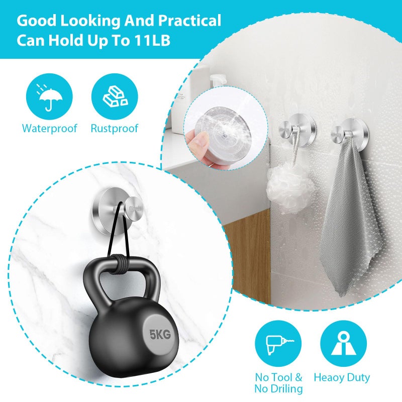 Fliverly 2pcs Suction Cup Hooks for Shower,Inside Shower,Wall,Bathroom,Bedroom,Kitchen,Door,Glass Window, Mirror, Tile, No Drilling Hanging for Towels,Robes,Loofah,hat,Clothing,Wreath (Silver) - Image 4
