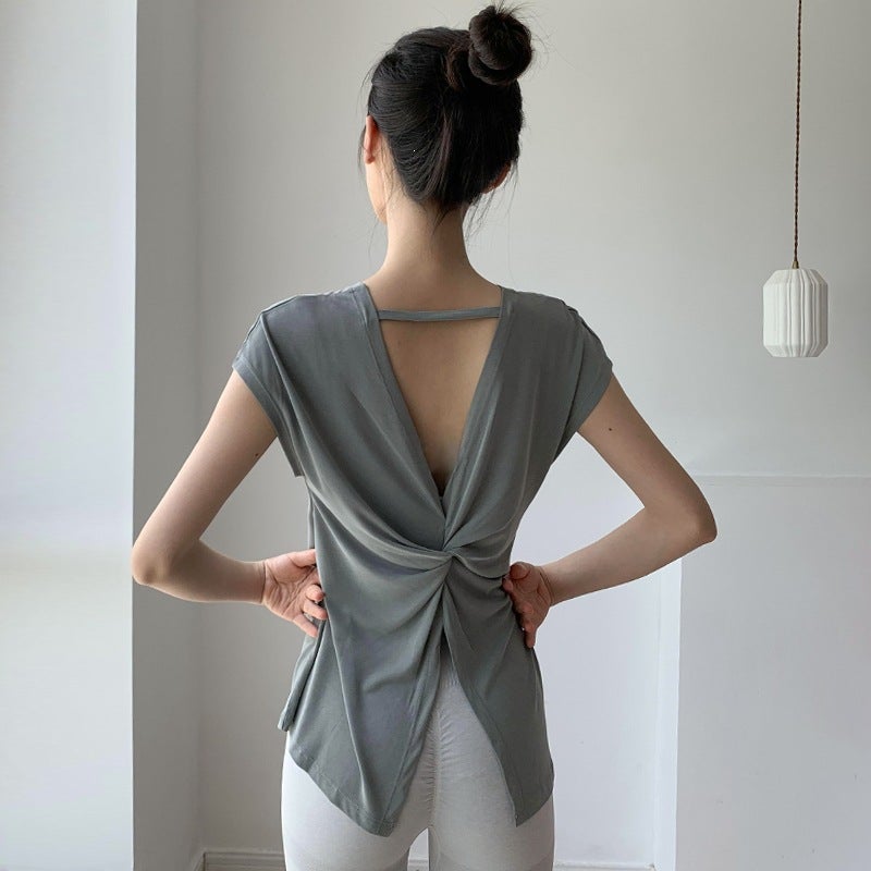 Women's Yoga T-Shirt, Blue Gray, Striped, Short Sleeve, Slim Fit - Image 1