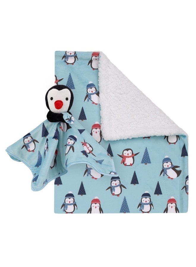 NoJo Penguin and Pinetree's Aqua, Teal, Black and Red Super Soft Christmas Sherpa Baby Blanket and Security Blanket Set - Image 1