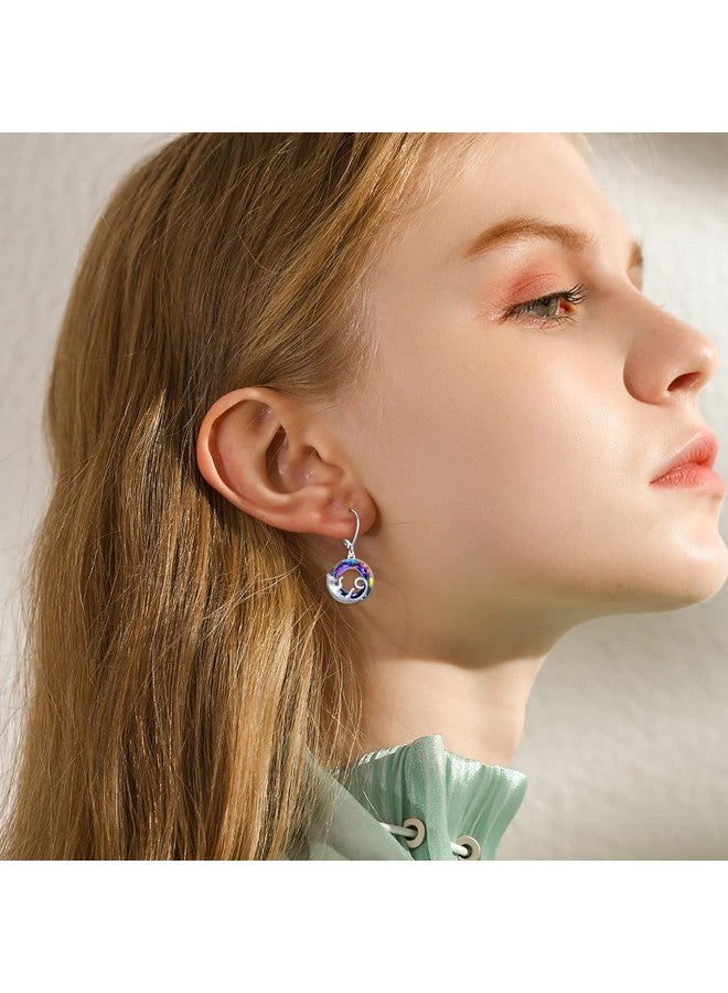 AOBOCO Cat Earrings Sterling Silver Cute Cat Kitty Dangle Drop Leverback Earrings With Colorchange Circle Crystal Cat Jewelry Gifts For Cat Lovers Girls Women - Image 2