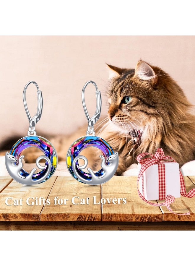 AOBOCO Cat Earrings Sterling Silver Cute Cat Kitty Dangle Drop Leverback Earrings With Colorchange Circle Crystal Cat Jewelry Gifts For Cat Lovers Girls Women - Image 4