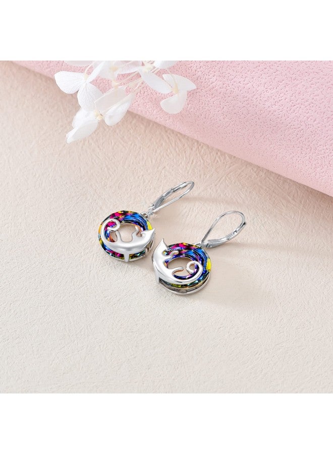 AOBOCO Cat Earrings Sterling Silver Cute Cat Kitty Dangle Drop Leverback Earrings With Colorchange Circle Crystal Cat Jewelry Gifts For Cat Lovers Girls Women - Image 3