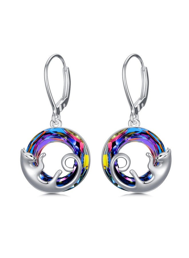 AOBOCO Cat Earrings Sterling Silver Cute Cat Kitty Dangle Drop Leverback Earrings With Colorchange Circle Crystal Cat Jewelry Gifts For Cat Lovers Girls Women - Image 1