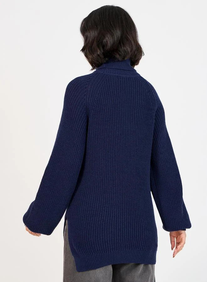 Styli Regular Fit Longline Chunky Knit Turtle Neck Sweater