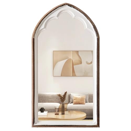 Sintosin Farmhouse Wooden Arched Mirrors for Wall 13 X 24 Inch, Hanging Distressed White Carved Wood Framed Arch Mirror, Rustic Decorative Mirrors for Living Room Entryway Fireplace Bathroom - Image 1