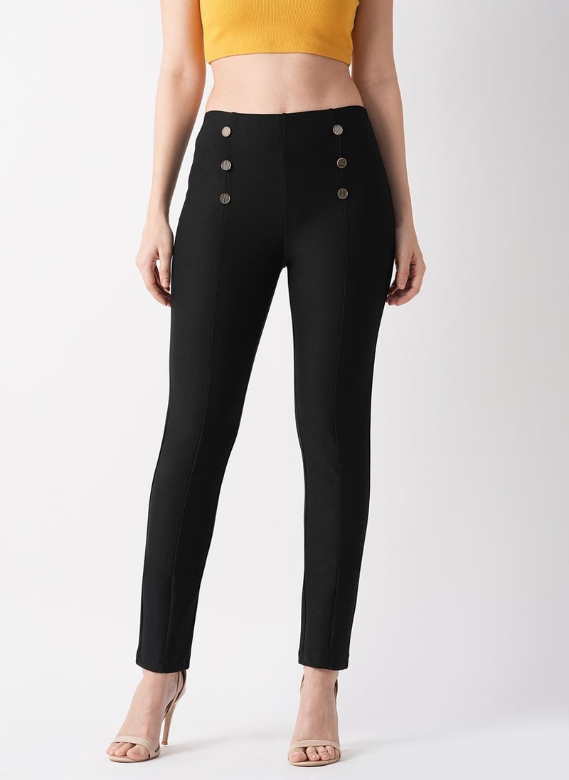 Globus Women's Black Mid-Rise Stretch Skinny Treggings with Waist Detail - Image 1
