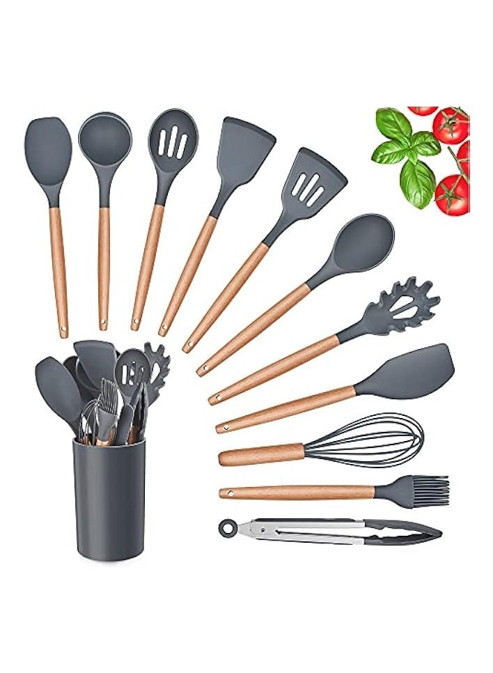 erorex Kitchen Utensils Set, Herogo 12 Piece Silicone Utensil with Holder, Heat Resistant Cooking Utensils with Wooden Handle for Non Stick Cookware Pans, Silicone Kitchen Gadgets Tool Set, Grey  - Image 1