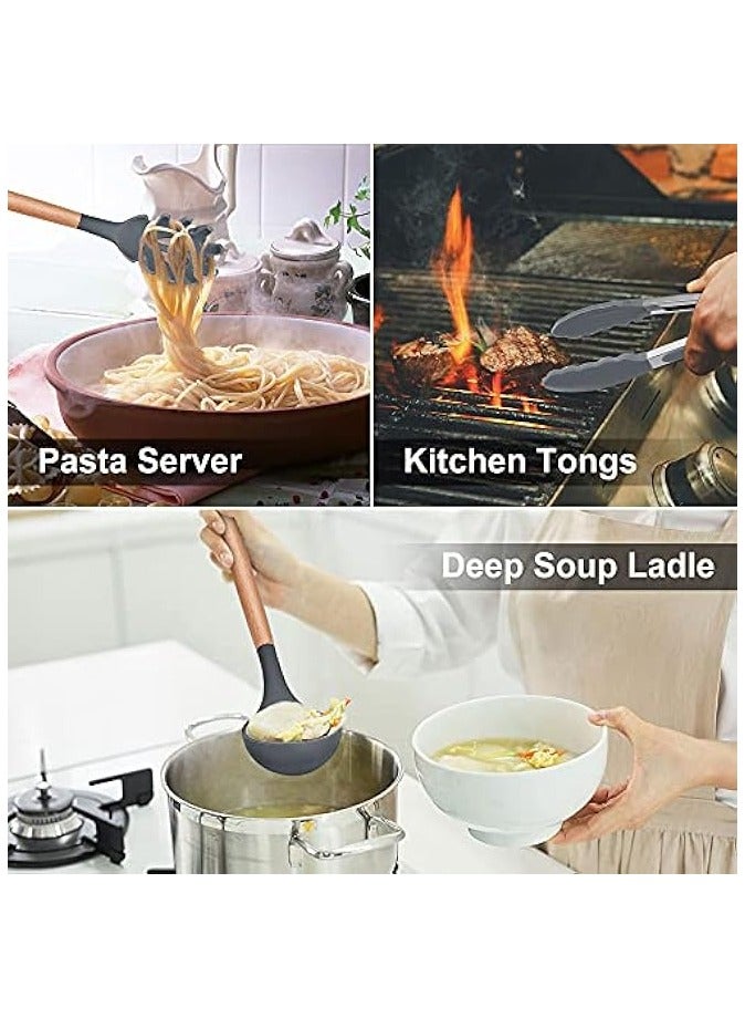 erorex Kitchen Utensils Set, Herogo 12 Piece Silicone Utensil with Holder, Heat Resistant Cooking Utensils with Wooden Handle for Non Stick Cookware Pans, Silicone Kitchen Gadgets Tool Set, Grey  - Image 2
