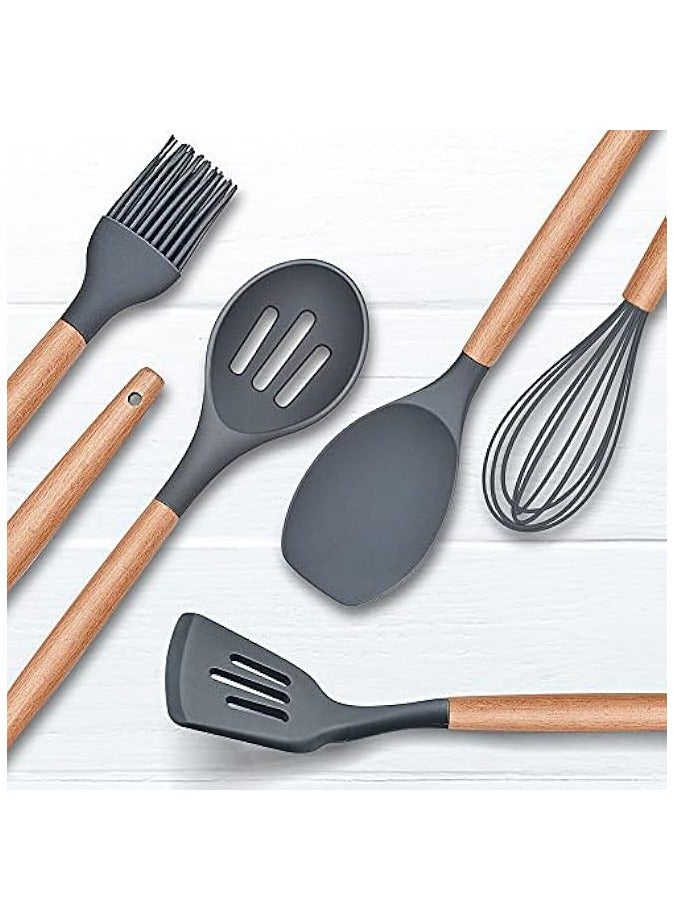 erorex Kitchen Utensils Set, Herogo 12 Piece Silicone Utensil with Holder, Heat Resistant Cooking Utensils with Wooden Handle for Non Stick Cookware Pans, Silicone Kitchen Gadgets Tool Set, Grey  - Image 3
