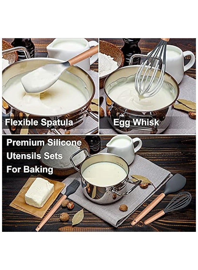 erorex Kitchen Utensils Set, Herogo 12 Piece Silicone Utensil with Holder, Heat Resistant Cooking Utensils with Wooden Handle for Non Stick Cookware Pans, Silicone Kitchen Gadgets Tool Set, Grey  - Image 4