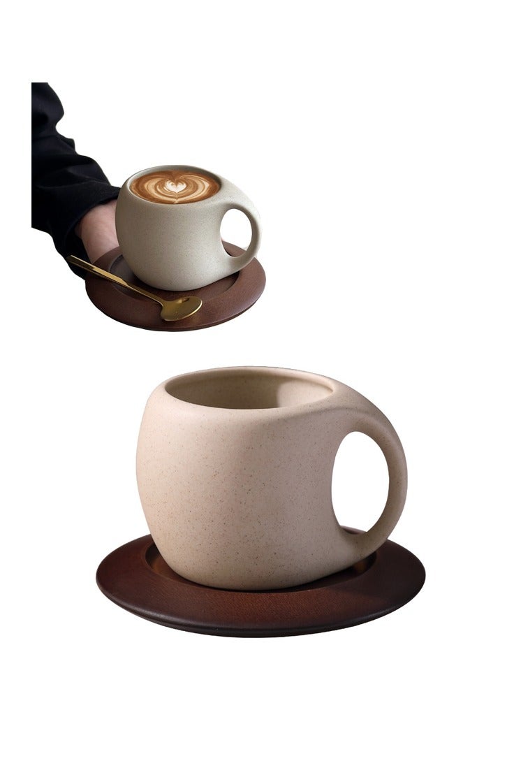 كوب قهوة سيراميك خشن مبتكر مع حامل أكواب خشبي، قوامه عتيق متجمد للمكتب والمنزل، بيج، 8.45 أونصة - Image 1