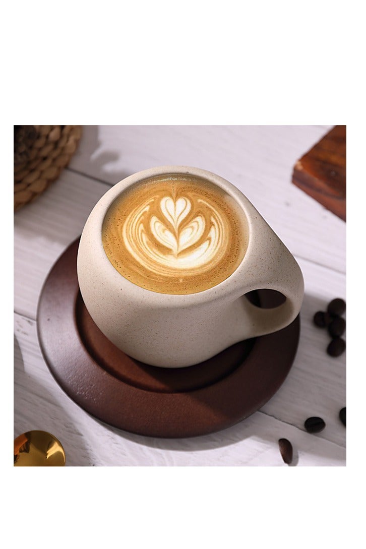 كوب قهوة سيراميك خشن مبتكر مع حامل أكواب خشبي، قوامه عتيق متجمد للمكتب والمنزل، بيج، 8.45 أونصة - Image 3