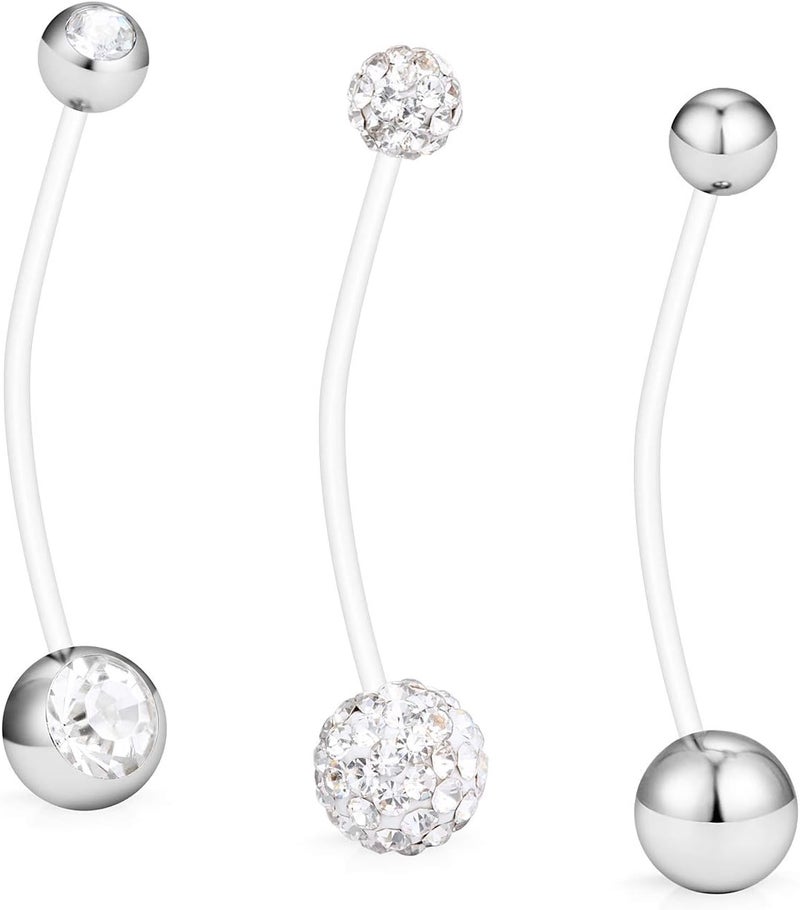 Hoeudjo 14G 1 1/2 Inch CZ Sports Pregnancy Maternity Flexible Bioplast Long Belly Button Rings Navel Retainer Body Piercing Set of 3 - Image 1