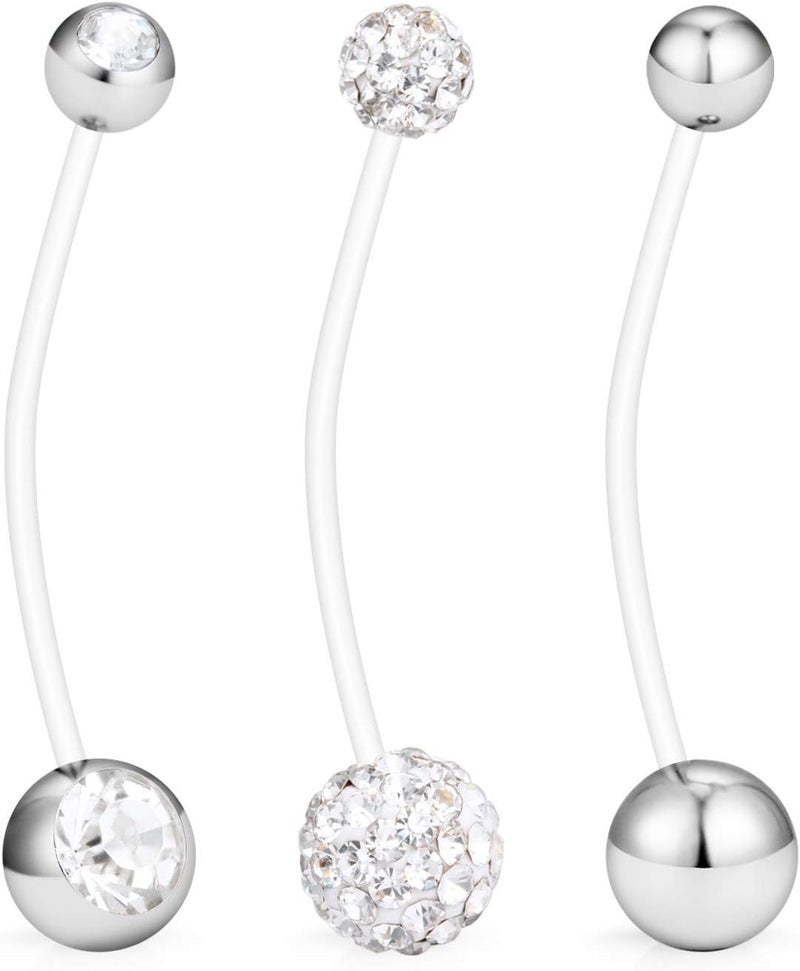 Hoeudjo 14G 1 1/2 Inch CZ Sports Pregnancy Maternity Flexible Bioplast Long Belly Button Rings Navel Retainer Body Piercing Set of 3 - Image 2