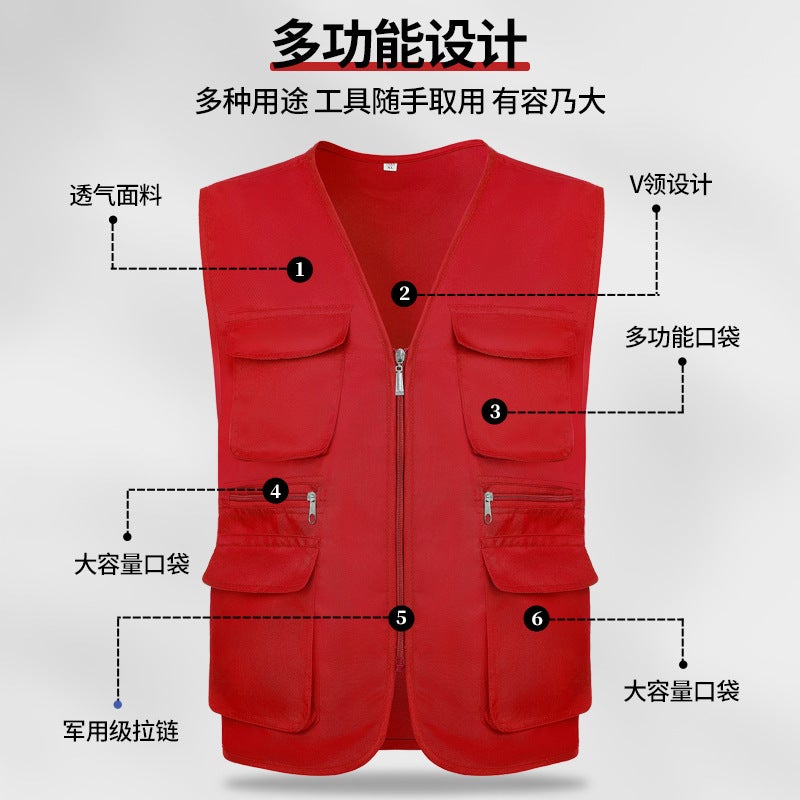 Multi-Pocket V-Neck Overalls Waistcoat Customized Volunteer Vest Printing Travel Pography Advertising Tooling Logo - Image 4