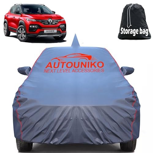 AUTOUNIKO 100% Waterproof Car Body Cover for Renault Kiger with Mirror and Antenna Pocket and Soft Cotton Lining (Full Bottom Elastic Triple Stitched) (Grey with Red Piping) - Image 1