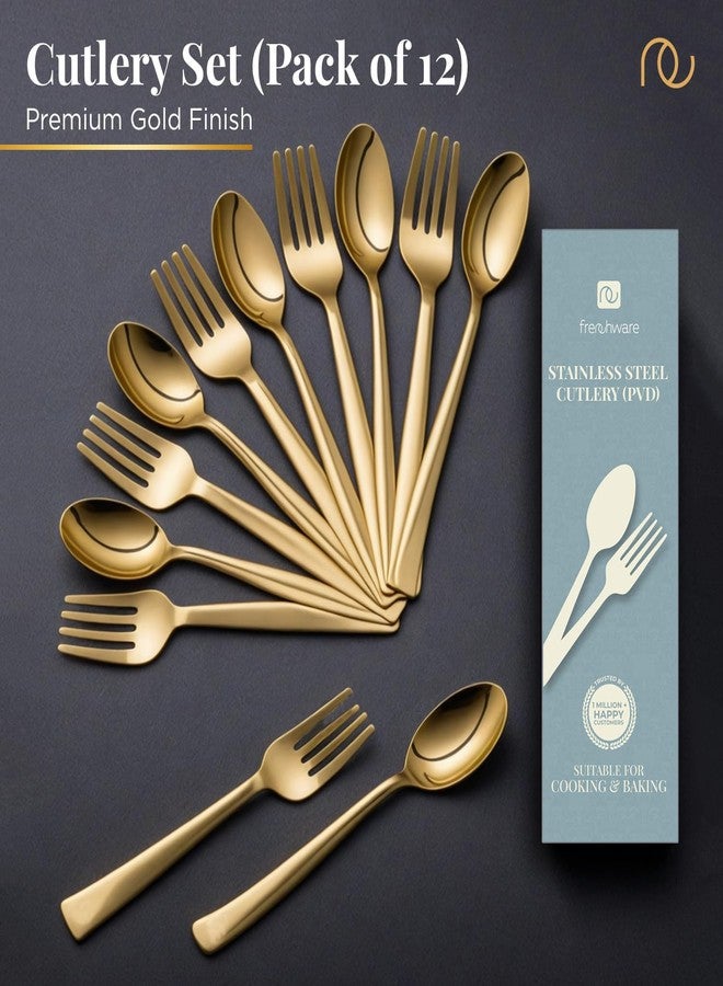 Frenchware Cutlery (Set of 12, Stainless Steel PVD Gold Spoons - 6 and Forks - 6), 100% Food Grade, Non Toxic, Anti-Rust, Dishwasher Safe, Perfect Gifting Set for All Occasions - Image 2