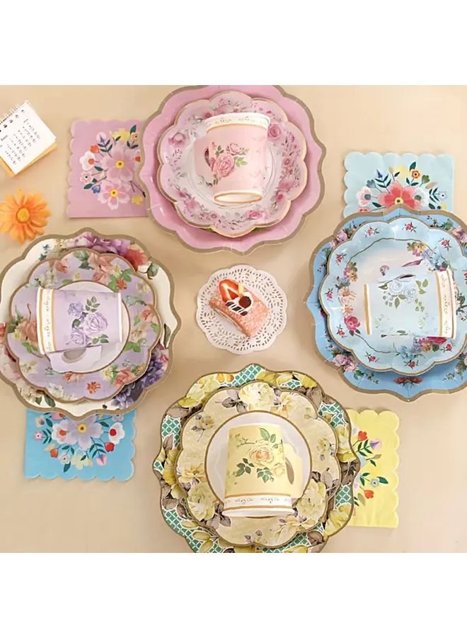 32 Pcs Melange Paper Plates Set with Handles Floral Design for Tea Party Picnic Camping - Image 2