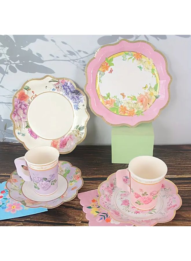 32 Pcs Melange Paper Plates Set with Handles Floral Design for Tea Party Picnic Camping - Image 4