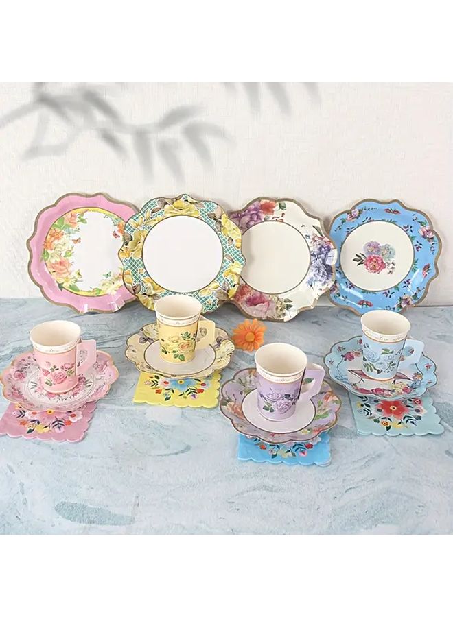 32 Pcs Melange Paper Plates Set with Handles Floral Design for Tea Party Picnic Camping - Image 1