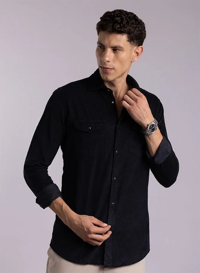 Mannerism The Ribbed Night Navy Corduroy Shirt with Deep Texture
