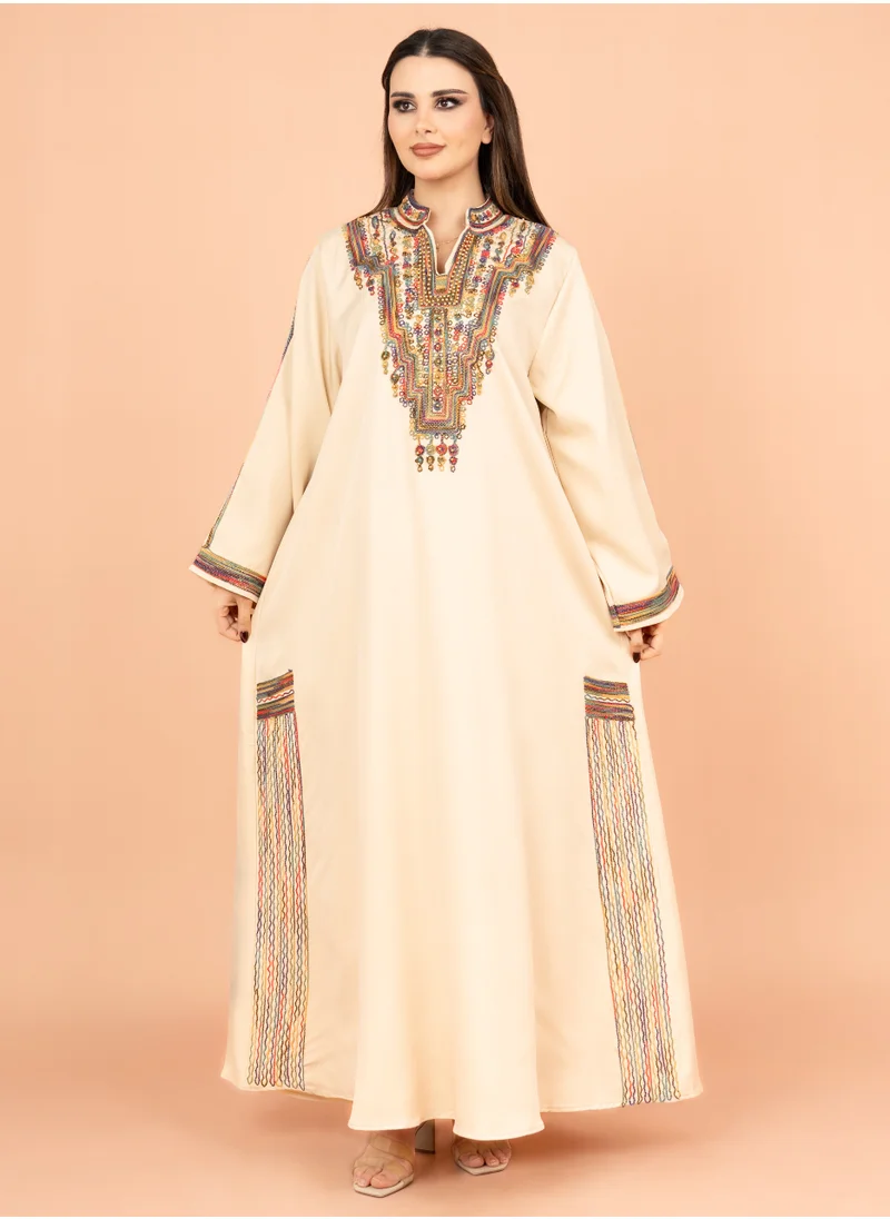 IKKXA Solid Embroidered Jalabiya IK4003 Beige