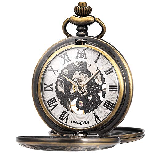 ManChDa Skeleton Automatic Mechanical Pocket Watches for Men Double Cover Roman Numerals with Gift Box and Chain + Extra T-bar Chain Bronze - Image 1