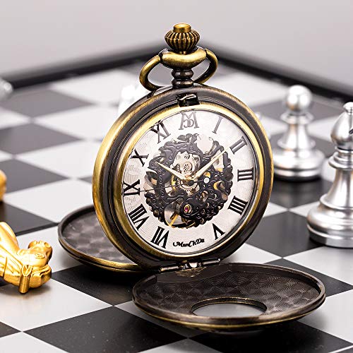 ManChDa Skeleton Automatic Mechanical Pocket Watches for Men Double Cover Roman Numerals with Gift Box and Chain + Extra T-bar Chain Bronze - Image 5