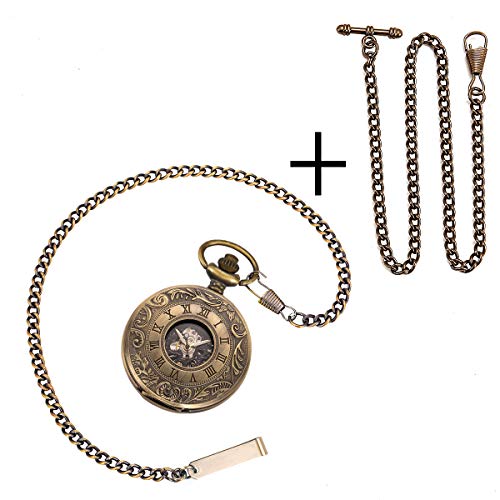 ManChDa Skeleton Automatic Mechanical Pocket Watches for Men Double Cover Roman Numerals with Gift Box and Chain + Extra T-bar Chain Bronze - Image 3