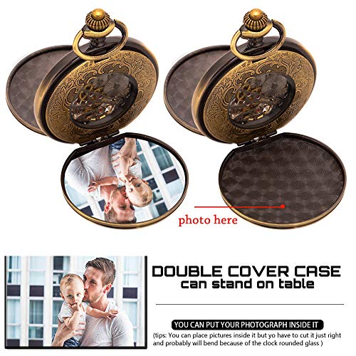 ManChDa Skeleton Automatic Mechanical Pocket Watches for Men Double Cover Roman Numerals with Gift Box and Chain + Extra T-bar Chain Bronze - Image 4
