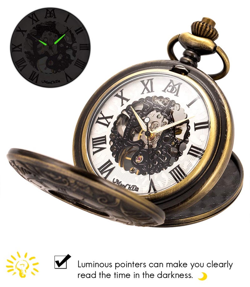 ManChDa Skeleton Automatic Mechanical Pocket Watches for Men Double Cover Roman Numerals with Gift Box and Chain + Extra T-bar Chain Bronze - Image 2