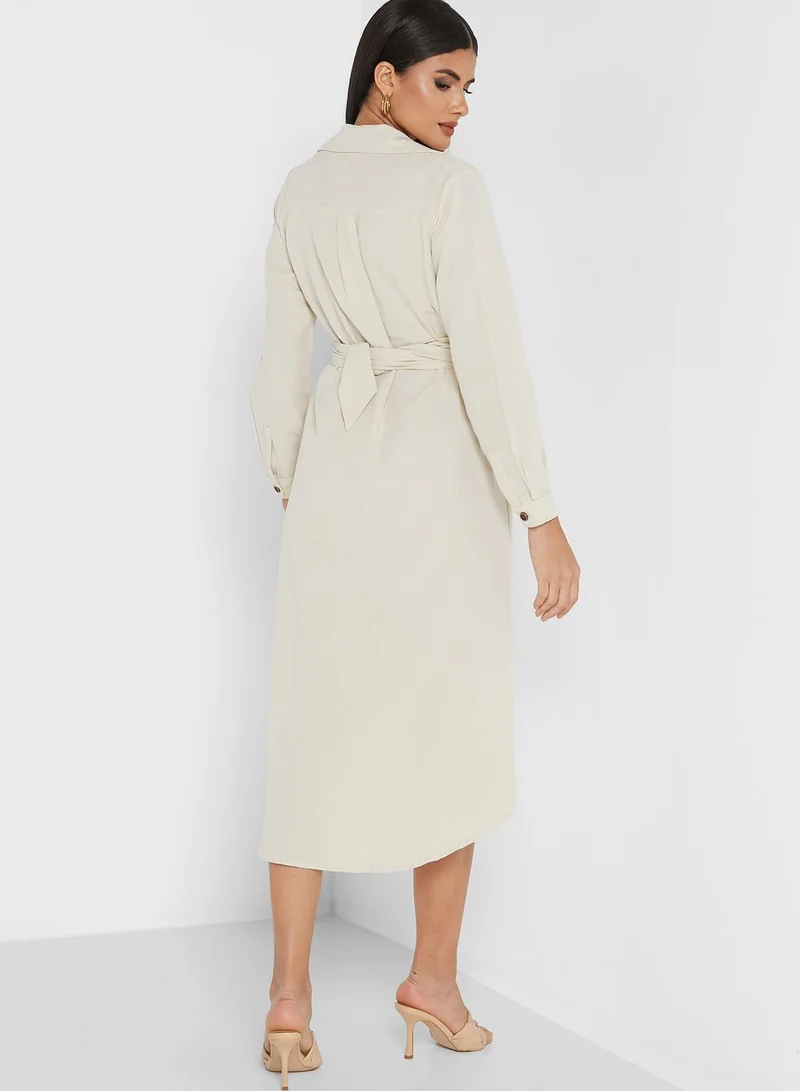 ANOTAH Pocket Detail Belted Button Down Dress