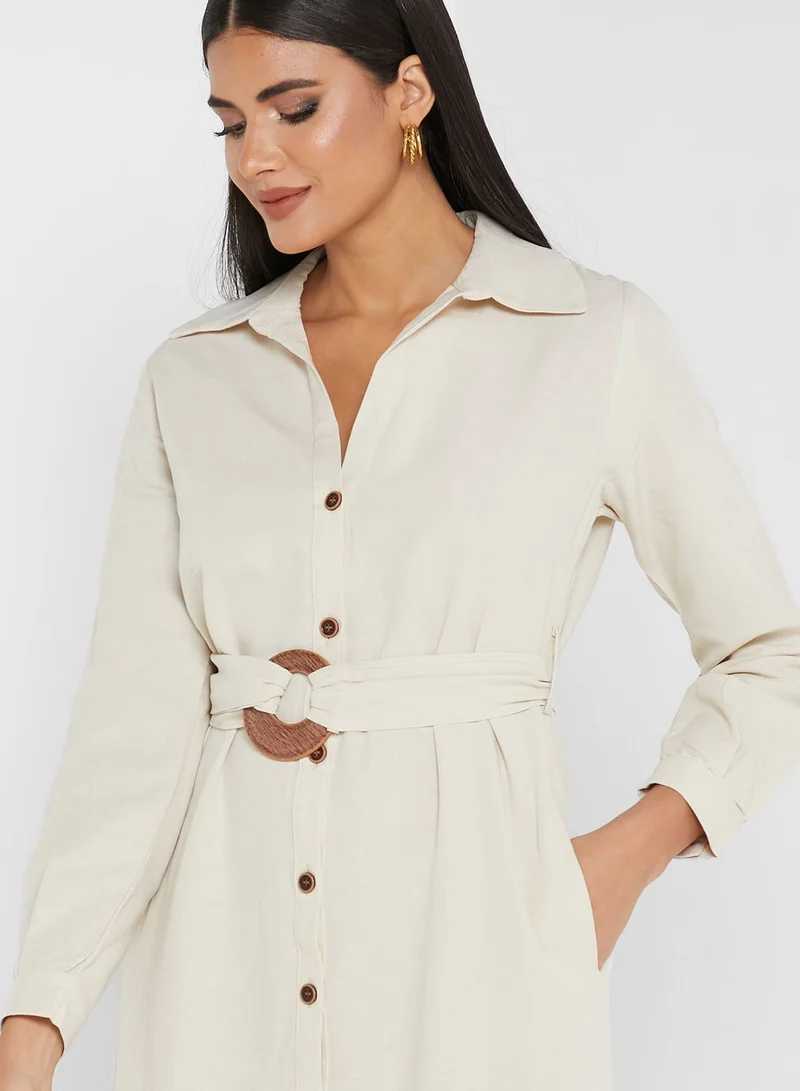 ANOTAH Pocket Detail Belted Button Down Dress