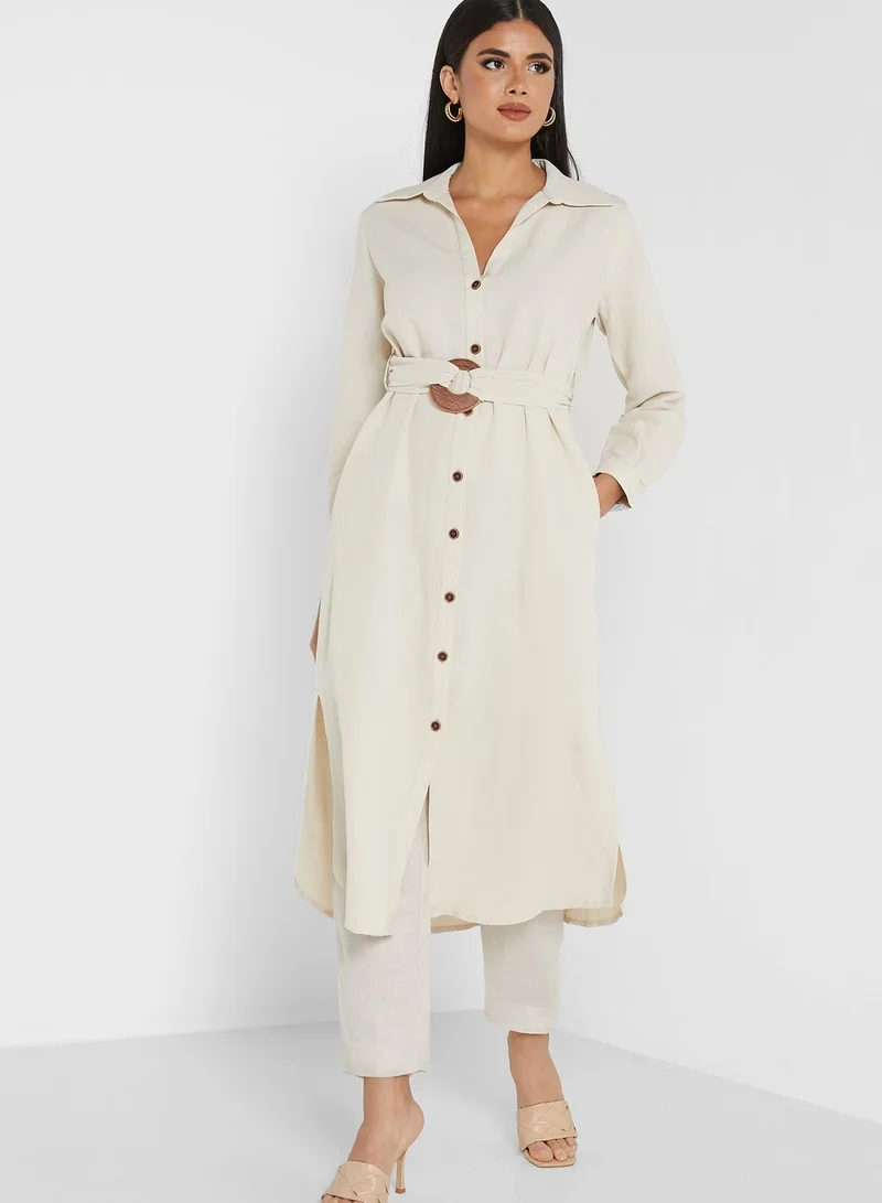 ANOTAH Pocket Detail Belted Button Down Dress