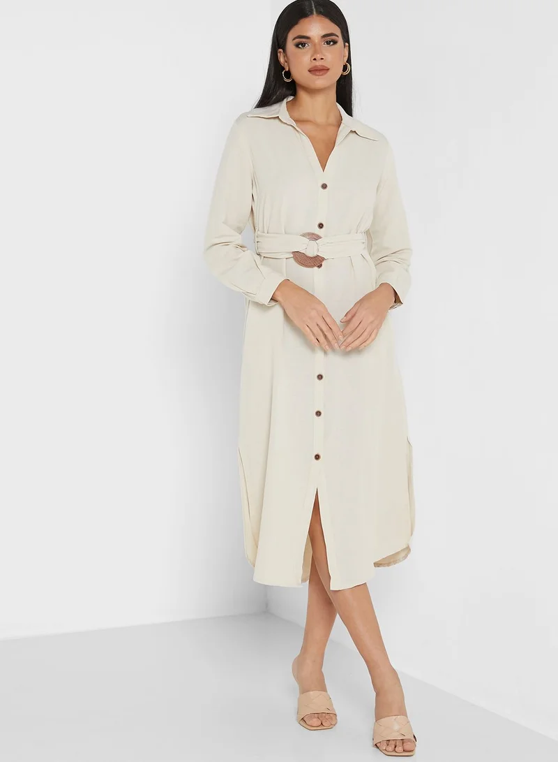 ANOTAH Pocket Detail Belted Button Down Dress