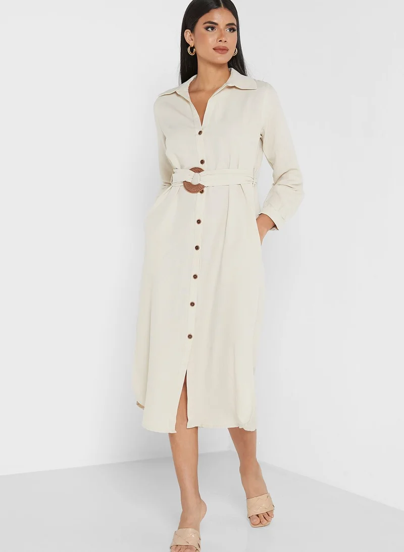 ANOTAH Pocket Detail Belted Button Down Dress