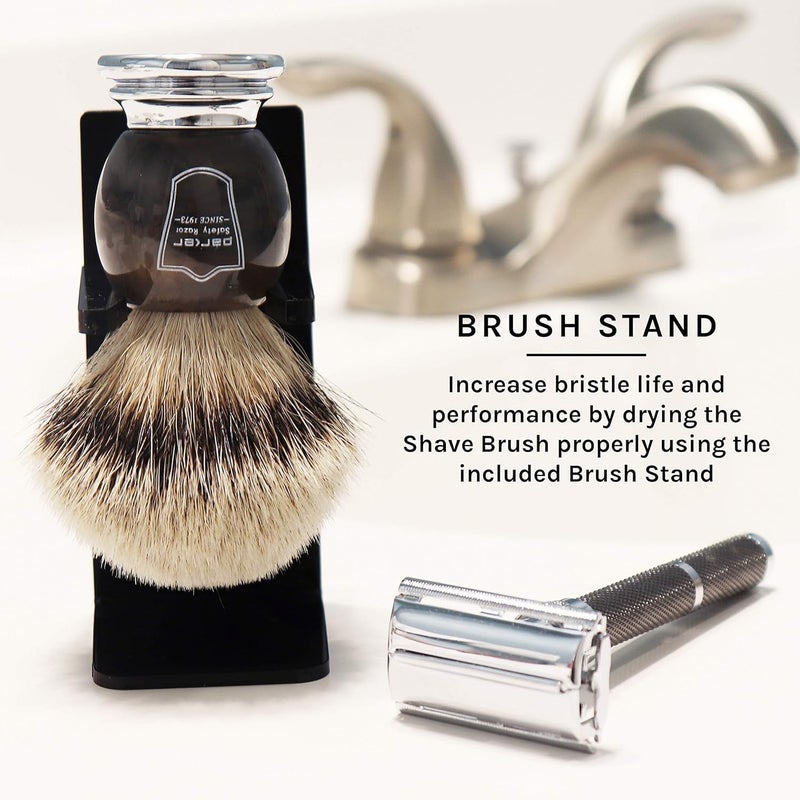 Parker Safety Razor Parker 100% Silvertip Badger Shaving Brush â€“ Faux Horn Handle, Long Loft 22â€¯mm Knot, Chrome Base + Resin Stand â€“ Rich Lather, Sensitive Skin Friendly - Image 2