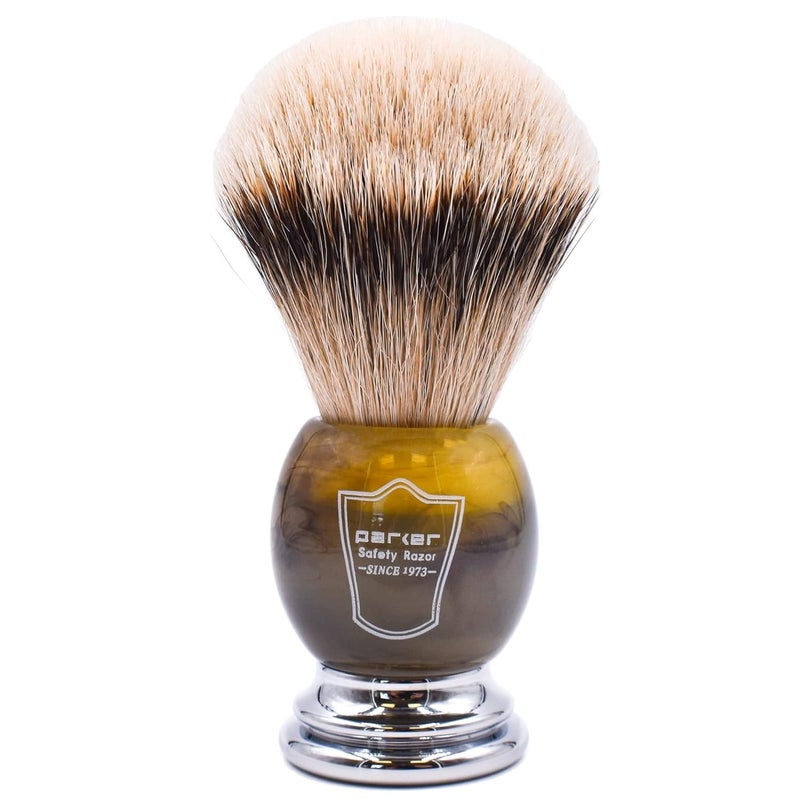 Parker Safety Razor Parker 100% Silvertip Badger Shaving Brush â€“ Faux Horn Handle, Long Loft 22â€¯mm Knot, Chrome Base + Resin Stand â€“ Rich Lather, Sensitive Skin Friendly - Image 1