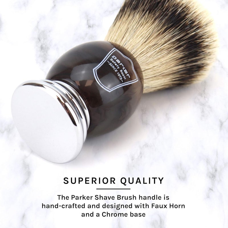 Parker Safety Razor Parker 100% Silvertip Badger Shaving Brush â€“ Faux Horn Handle, Long Loft 22â€¯mm Knot, Chrome Base + Resin Stand â€“ Rich Lather, Sensitive Skin Friendly - Image 4
