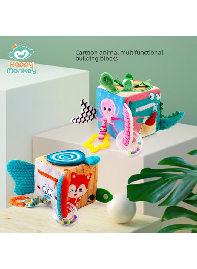 Happy Monkey Baby Early Education Six-sided Three-dimensional Dressing Soft Cloth Building Blocks Baby's Grasping Training Rattle Toy-Color:Dressing Building Blocks-Ocean  - Image 2