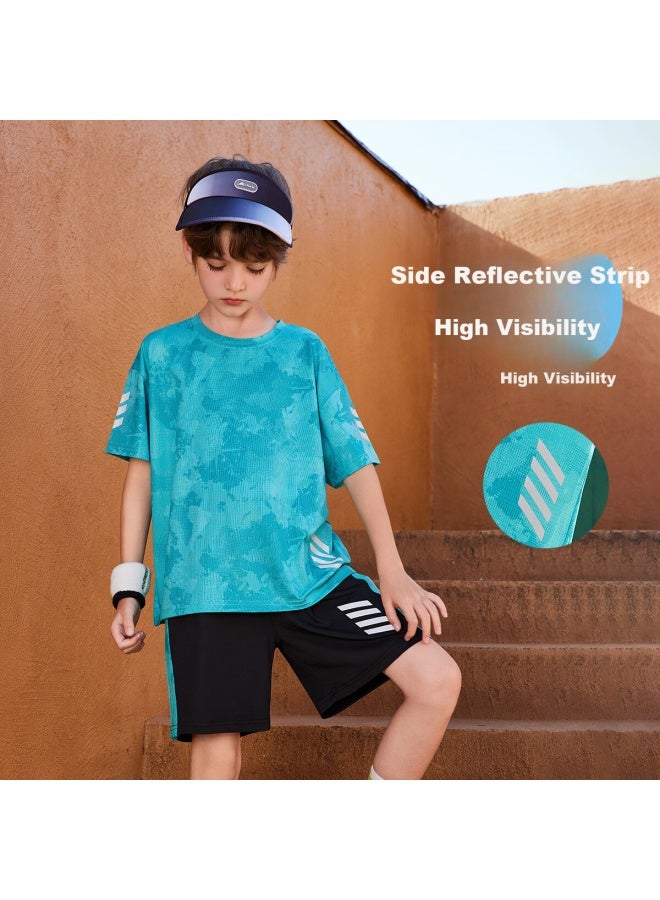 Ask Junior Boys' Summer Thin Breathable Short Sleeve T-Shirt And Shorts Quick Dry Sports Running Two-Piece Set Blue Green Color 170 - Image 1