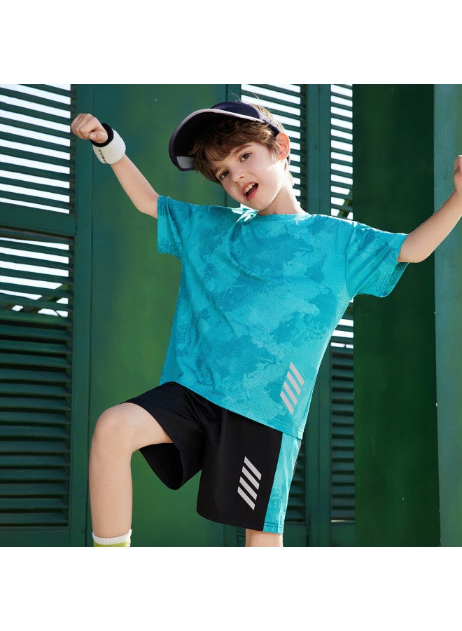 Ask Junior Boys' Summer Thin Breathable Short Sleeve T-Shirt And Shorts Quick Dry Sports Running Two-Piece Set Blue Green Color 170 - Image 2