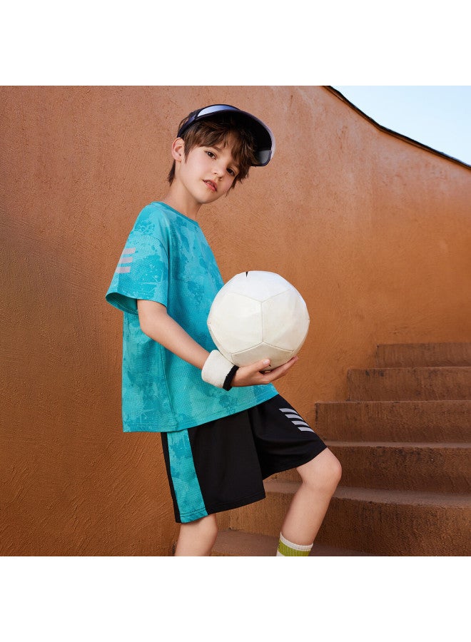 Ask Junior Boys' Summer Thin Breathable Short Sleeve T-Shirt And Shorts Quick Dry Sports Running Two-Piece Set Blue Green Color 170 - Image 3