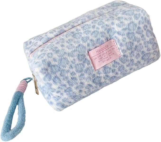 Premium Velvety Leopard Print Makeup Bag Reinforced Zippers Spacious Portable Blue - Image 1
